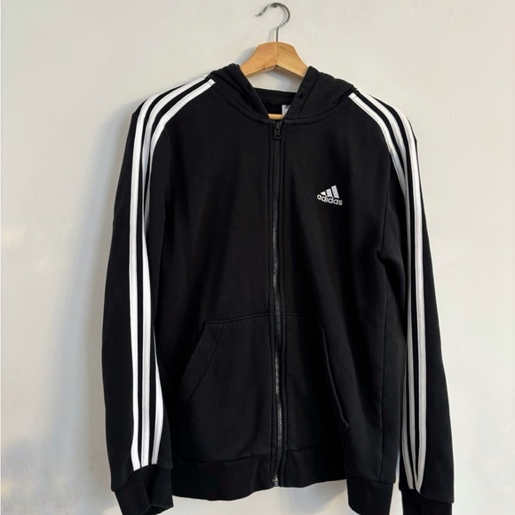 Adidas Unisex Black Hoodie Jacket with White Stripes - Picture 1 of 2